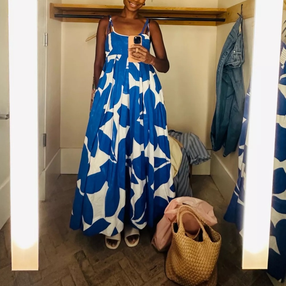 By Anthropologie 100% Cotton Blue White Floral Maxi Summer Dress Pockets XS - Picture 15 of 16